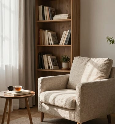 A cozy reading nook bathed in soft natural light with plush cushions and a gentle throw blanket