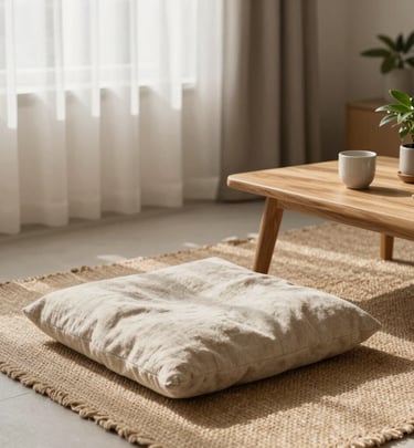 A peaceful yoga corner with a rolled mat, candles, and calming wall art in muted colors