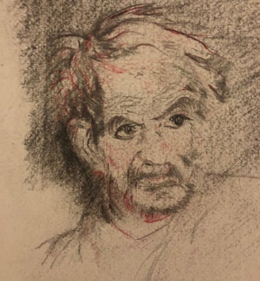 Expressive charcoal and red chalk portrait drawing of an elderly man with textured details.