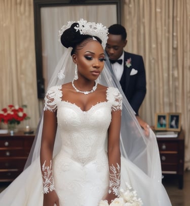 A bride glowing with soft, radiant makeup surrounded by her joyful bridesmaids.