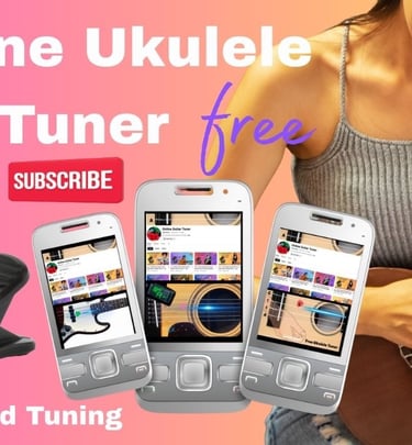 A woman playing a ukulele next to a digital clip-on tuner and smartphones showing a free online ukulele tuner app.