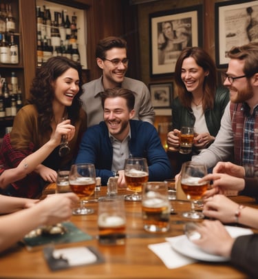 A group of happy friends laughing and drinking craft beer at a rustic pub table.