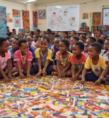 Children engaged in a lively cultural workshop with colorful decorations in Africa