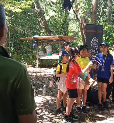 a jungle survival instructor is standing in front of a group of young student