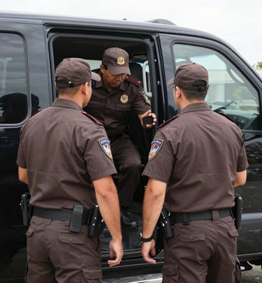 Close-up of a luxury security patrol car with branding, parked near an office entrance