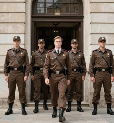 Night view of a security guard conducting a patrol with a flashlight and communication device
