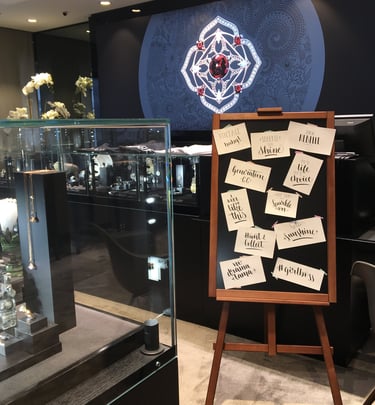 Luxury jewelry store interior with glass display cases and a wooden easel featuring calligraphy signs.