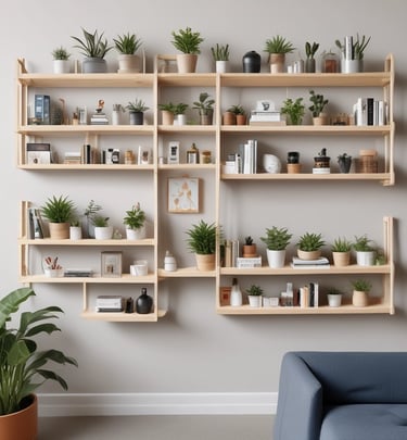 Wall-mounted storage shelves holding baskets and tiny house essentials in a modern setup