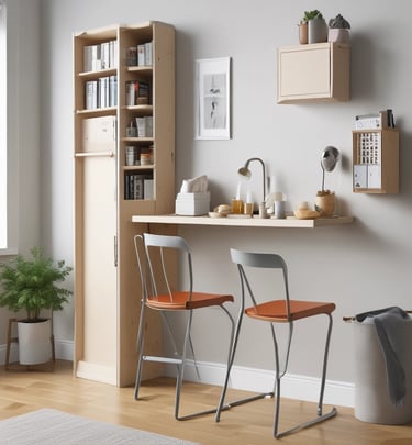 A bright tiny kitchen with open shelving and hanging pots maximizing vertical space