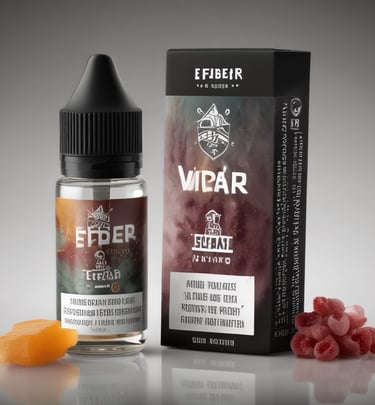 A bottle of e-liquid and a box of Efibeir vape juice with raspberry and peach candy flavors.