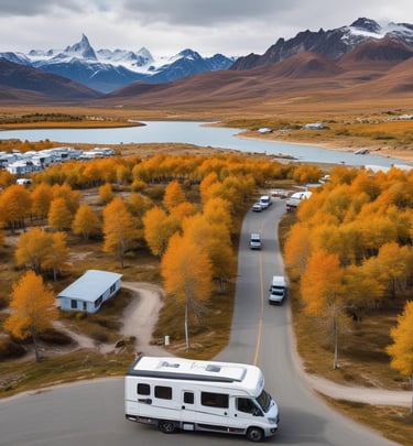 A cozy motorhome interior showing kitchen, microwave, and TV with mountain views outside