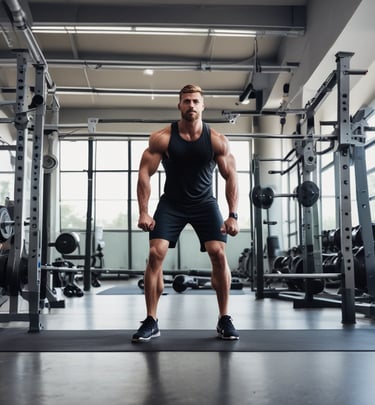 A family stretching and praying together before a workout in a cozy home gym.