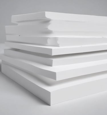 CNC-cut EPS mouldings arranged neatly on a workshop table, highlighting precision and texture of the coated surface