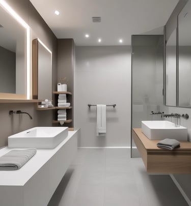 Bathroom with elegant fixtures and fresh towels neatly arranged