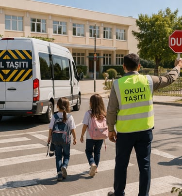 A Turkish school crossing guard holding a stop sign as students cross the street near a white school bus.