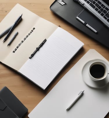 An elegant branded notebook and a cup of coffee resting on a minimalist desk setup.