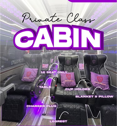 Luxurious private class cabin on a Vacation Bus, featuring 16 spacious seats with tables, cup holders, charger plugs