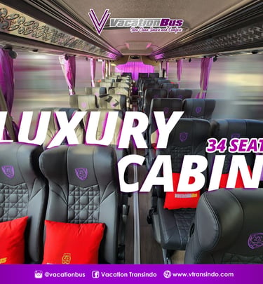 Interior of a luxury 34-seat charter bus featuring black leather seats and red pillows.
