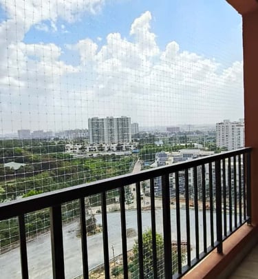 Pigeon net stretched tightly over a residential window, preventing bird entry effectively