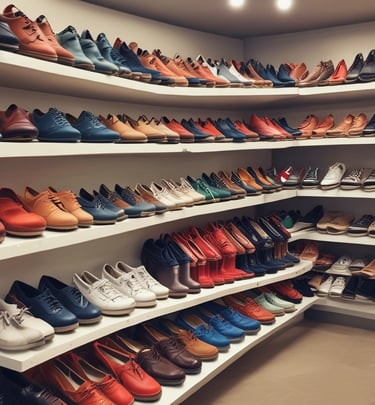 A variety of colorful shoes lined up on a rustic wooden shelf, showcasing styles for all family members.