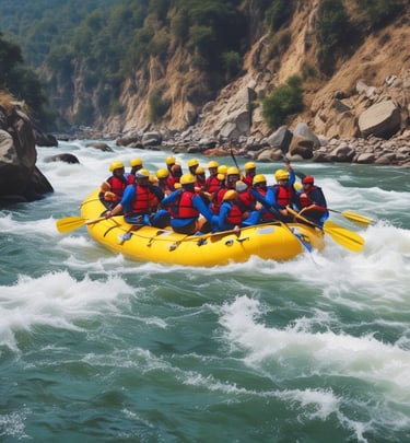 Rafting group navigating the roaring rapids of the Ganges near Tapovan at sunset