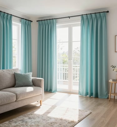 A bright, freshly cleaned living room with sunlight streaming through aqua-toned curtains.