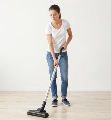 A smiling cleaner in a light blue uniform holding eco-friendly cleaning supplies.