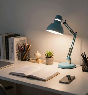 A tidy, organized office desk with a soft blue desk lamp glowing warmly.