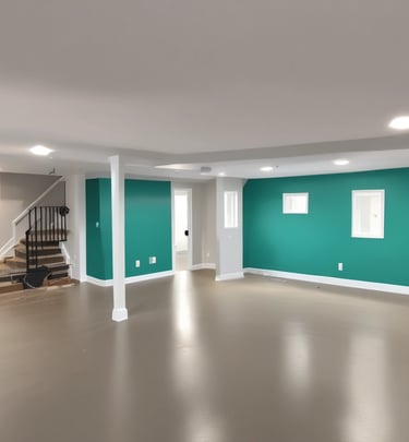 Interior living room walls painted in a warm beige tone with a perfectly matched accent wall in soft teal, demonstrating expert color matching.