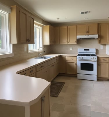 Freshly painted modern kitchen cabinets in a soft gray with crisp white trim, showcasing smooth, flawless finish.