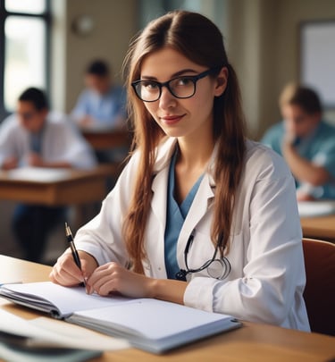 A vibrant classroom setting with diverse students learning about medical science.