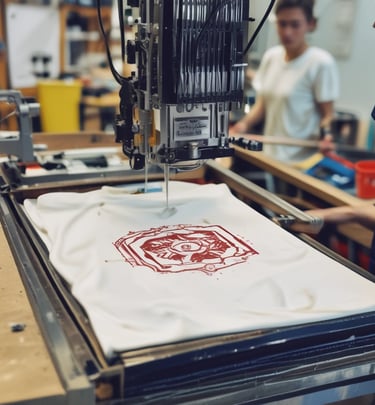 A vibrant display of custom tote bags with various logos at a bustling trade show booth