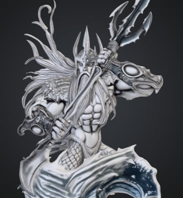 Poseidon miniature bust figurine with trident and ocean waves for tabletop gaming.