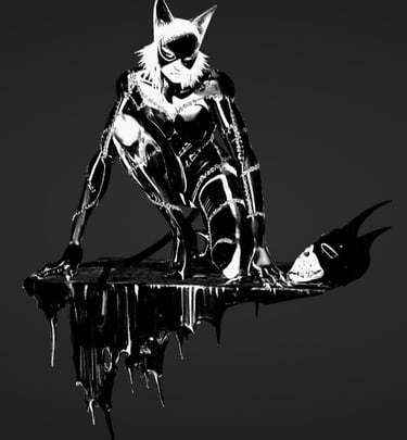 Black and white comic art of Catwoman crouching on a ledge next to Batman's cowl.