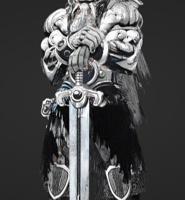 Muscular fantasy barbarian warrior in horned helmet and silver armor holding a broadsword.