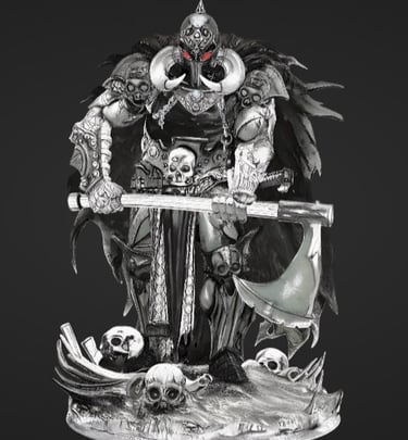 Intricate miniature of a dark fantasy warrior king with a large axe standing on a skull-covered base.