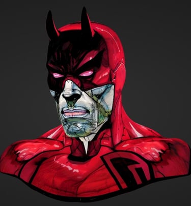 Comic book illustration of Daredevil's red mask and suit with stylized comic shading.