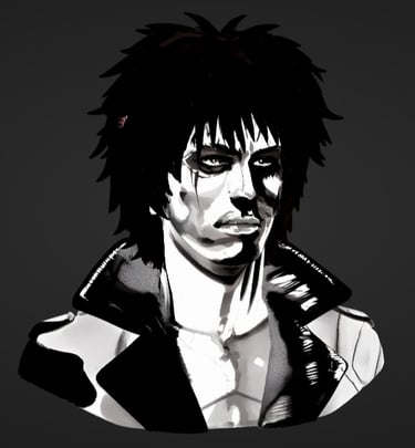 Grayscale digital illustration of a dark gothic man with messy black hair and a leather jacket.