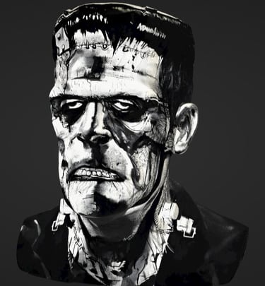 Black and white illustration of Frankenstein's monster featuring neck bolts and forehead scars.
