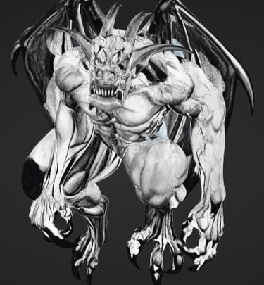 A muscular stone gargoyle statue with large wings and sharp claws in a crouching pose.