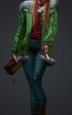 Redheaded female character with white eyes wearing a green parka and smoking a cigarette.