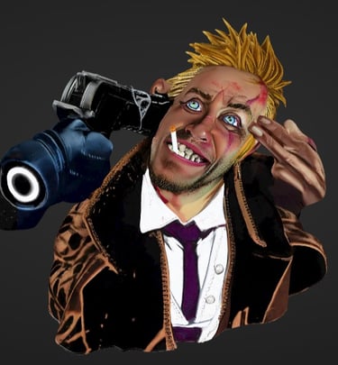 Stylized digital art of John Constantine smoking a cigarette while holding a finger gun to his head.