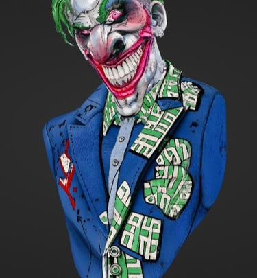 Detailed Joker bust statue featuring green hair and a purple-lined blue suit for comic book fans.