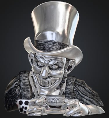 A silver sculpture of a grinning Mad Hatter holding a tea cup and wearing a tall top hat.