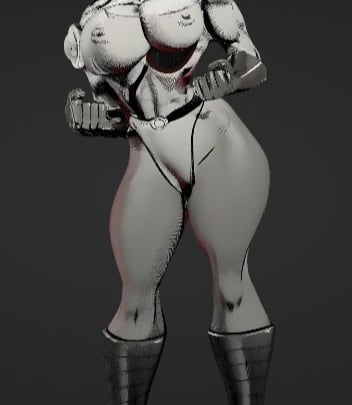 Monochrome 3D digital art of a muscular female fantasy warrior character with stylized proportions.