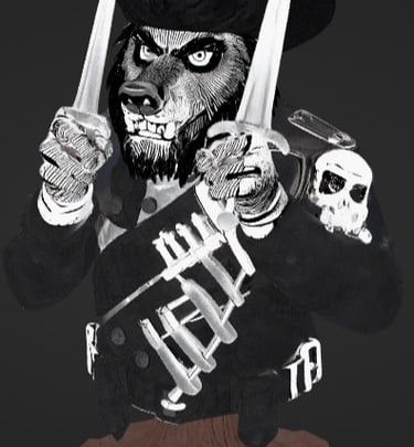 Werewolf pirate bust with tricorne hat and daggers in a black and white fantasy art style.