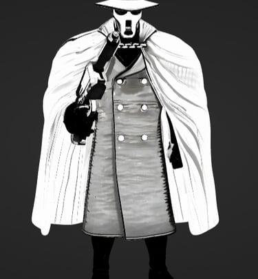 Black and white illustration of a masked phantom character wearing a trench coat, hat, and cape while holding a gun.