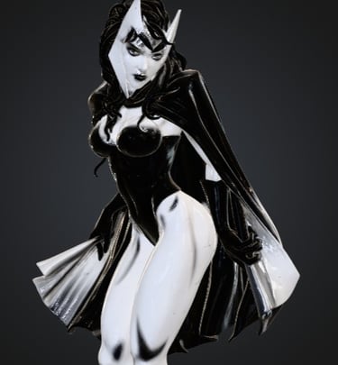 Stylized 3D digital art of a black and white gothic sorceress character with a flowing cape.
