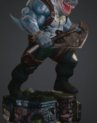 Muscular anthropomorphic shark warrior miniature holding a large axe on a sewer-themed base.