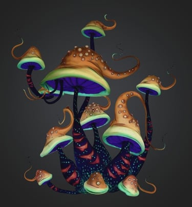 Fantasy 3D model of glowing alien mushrooms with spotted orange caps and bioluminescent purple gills.